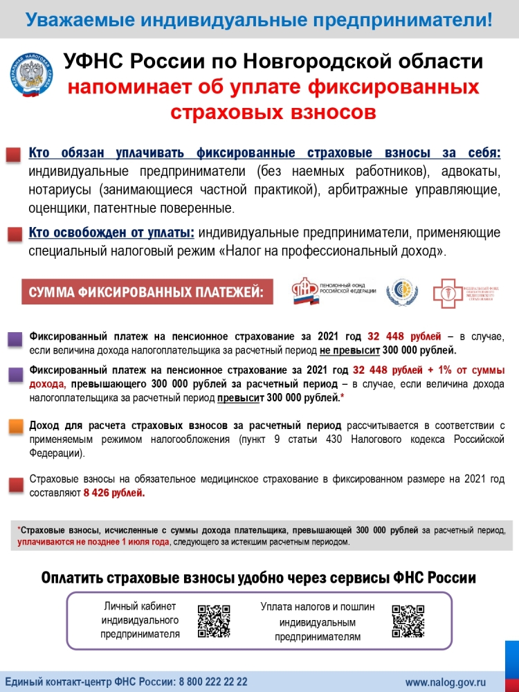 УФНС России по Новгородской области напоминает об уплате фиксированных страховых взносов
